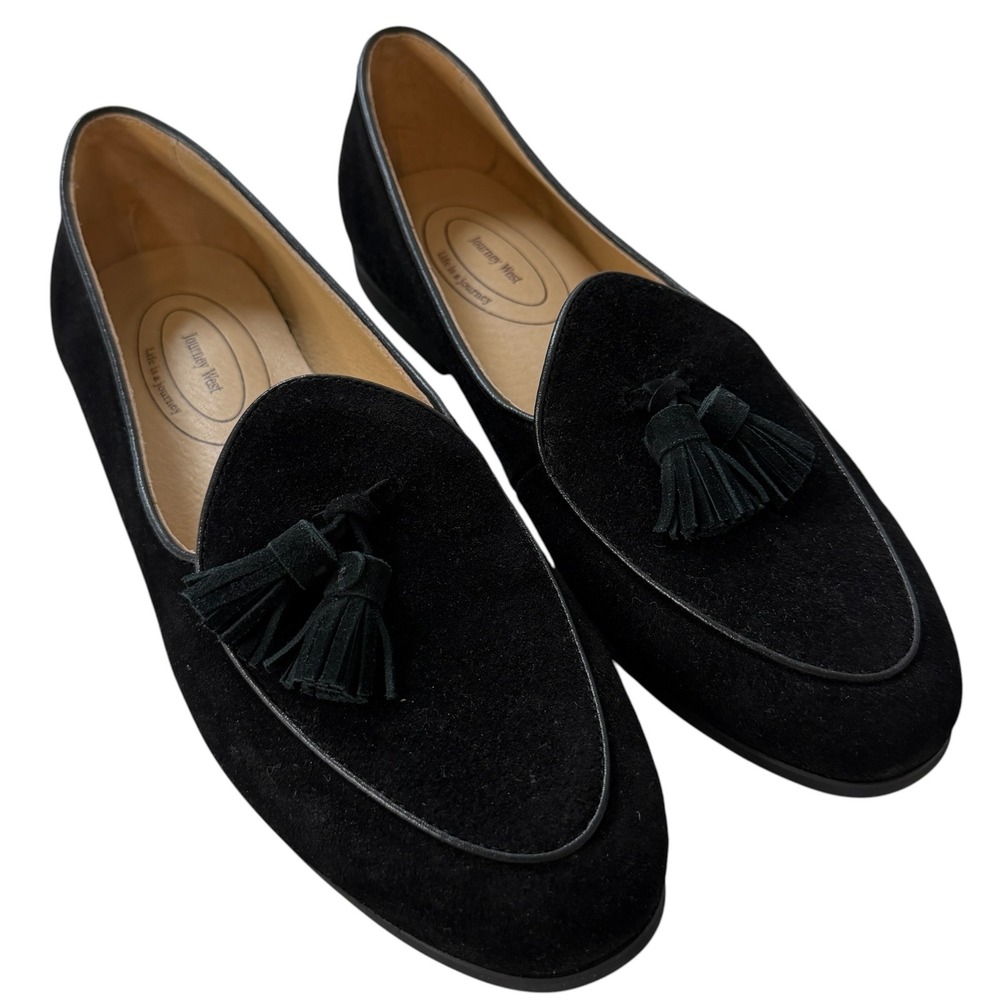 Journey West JWF509 Black Leather Suede Tassel Loafers Size 8M Almond Toe Flat